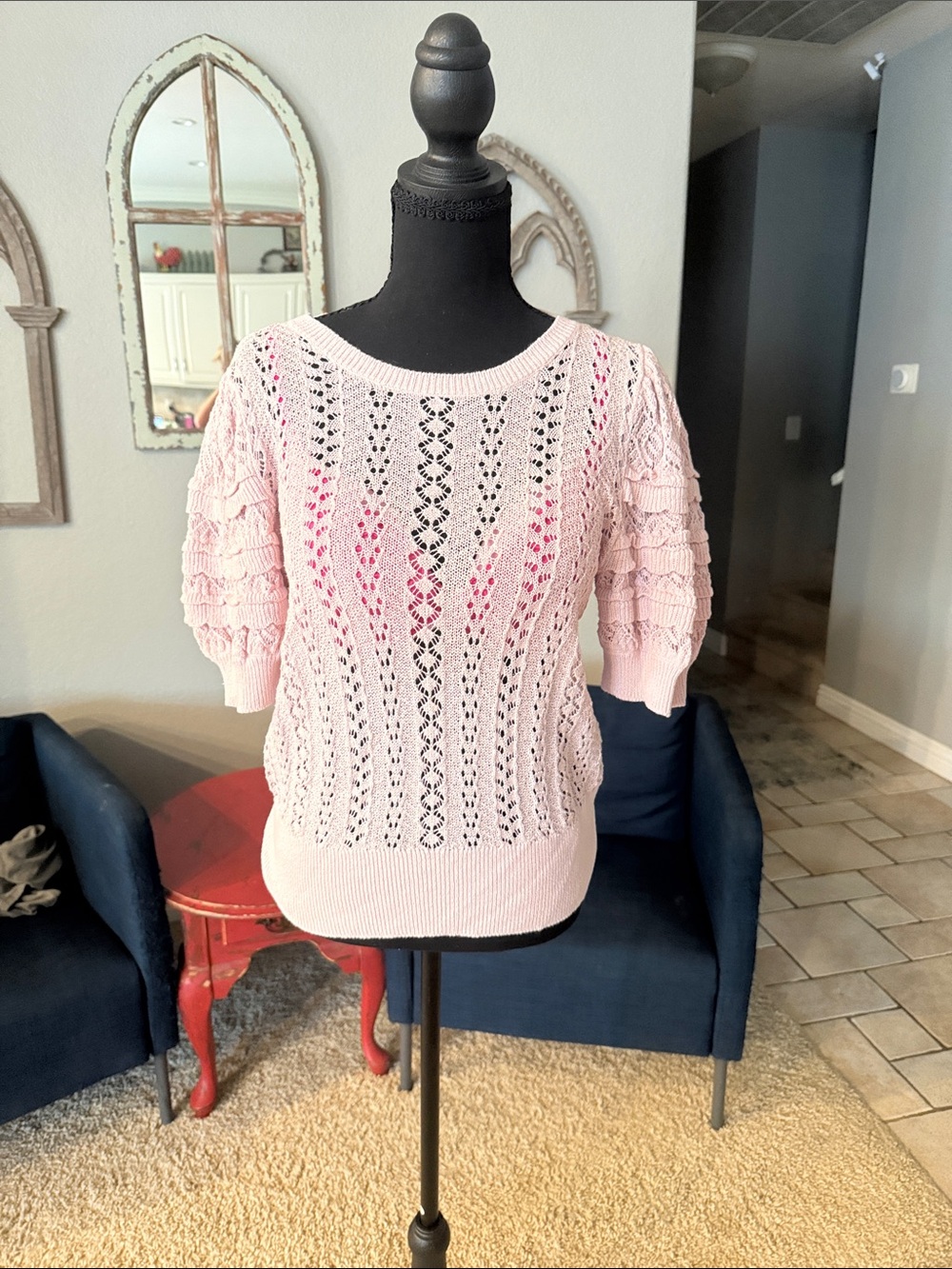 Express Light Pink Open-Knit Short Sleeve Sweater